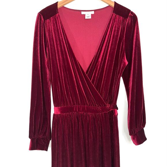 Two Birds New York Red Velvet Long Sleeve Wrap Maxi Dress Size Medium - Picture 3 of 13